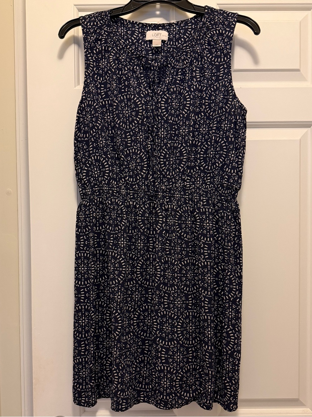 LOFT Navy Blue and White Sleeveless Medallion Printed Elastic-Waist Dress
